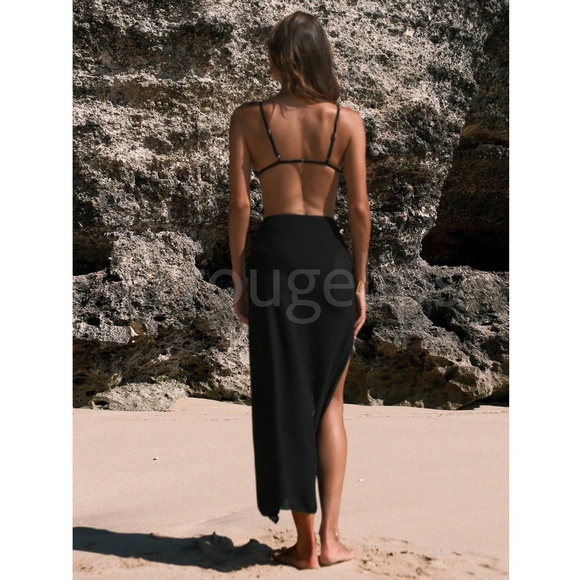 Black Beach Sarong Skirt with Flower Detail Stretchy Semi-Sheer - Picture 7 of 10